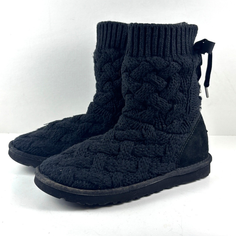UGG Isla Cable Knit Boots Women 7 Black Ribbon Bow 1008840 Cozy Coquette Bows